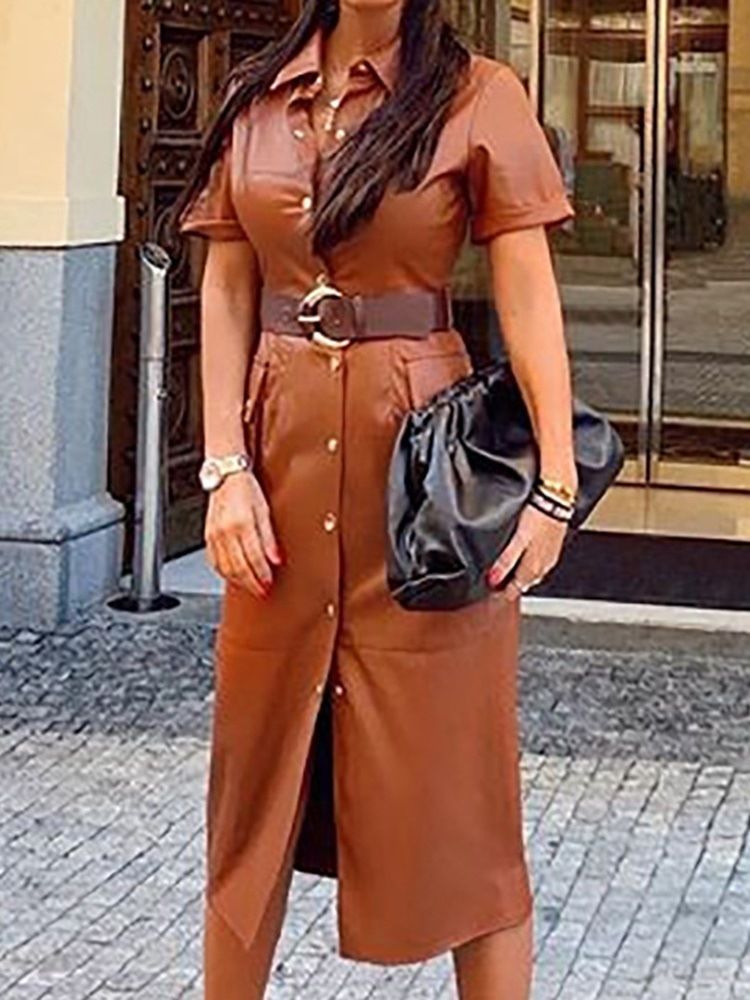 Bälte Lapel Mid-Calf Sommar Mid Waist Bodycon Klänning