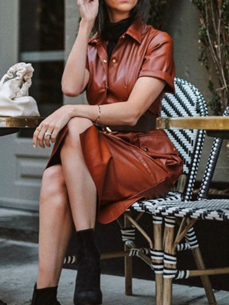 Bälte Lapel Mid-Calf Sommar Mid Waist Bodycon Klänning