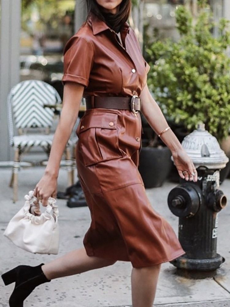 Bälte Lapel Mid-Calf Sommar Mid Waist Bodycon Klänning
