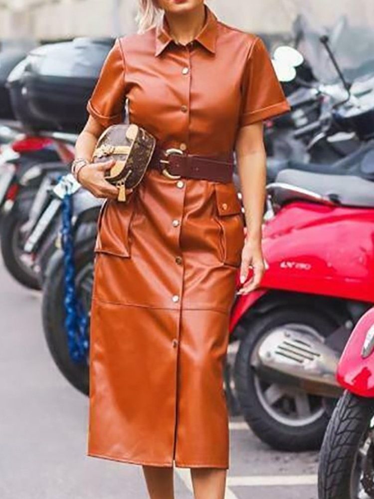 Bälte Lapel Mid-Calf Sommar Mid Waist Bodycon Klänning