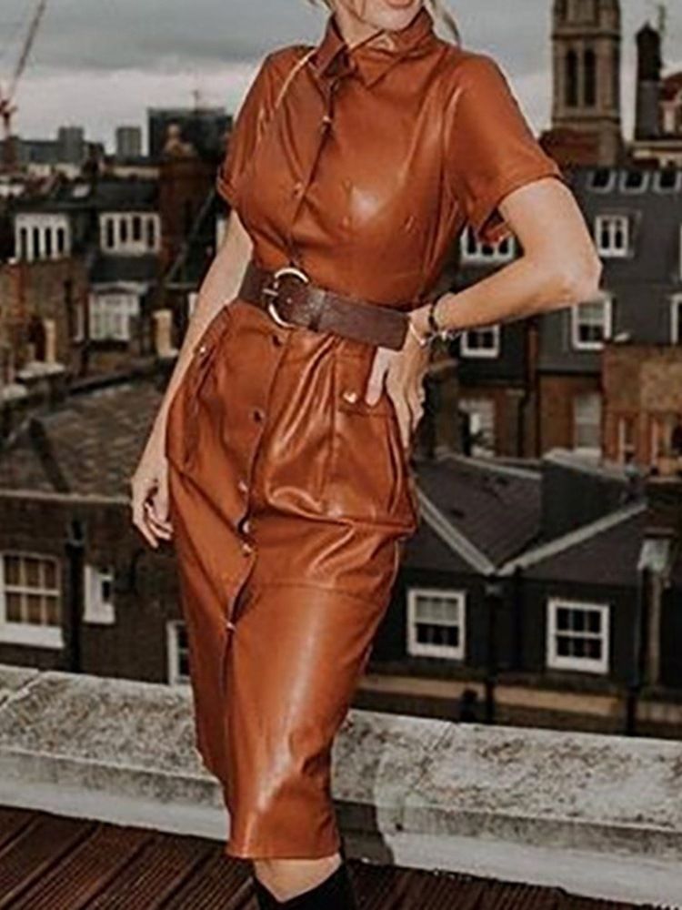Bälte Lapel Mid-Calf Sommar Mid Waist Bodycon Klänning
