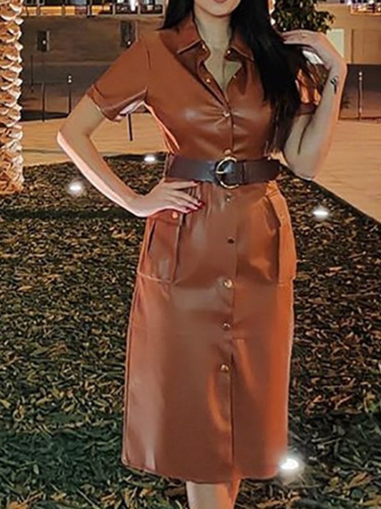 Bälte Lapel Mid-Calf Sommar Mid Waist Bodycon Klänning