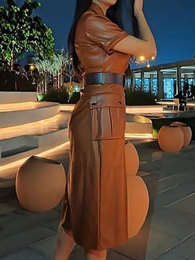 Bälte Lapel Mid-Calf Sommar Mid Waist Bodycon Klänning