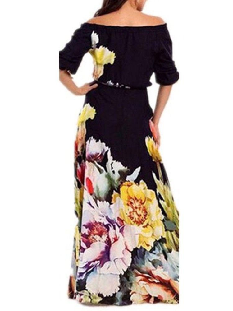 Bowknot Off Shoulder Half Sleeve Print Expansion Klänning