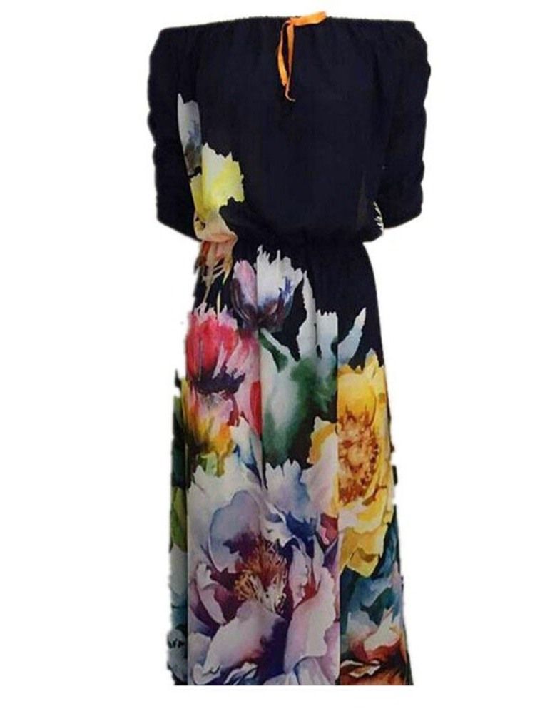 Bowknot Off Shoulder Half Sleeve Print Expansion Klänning
