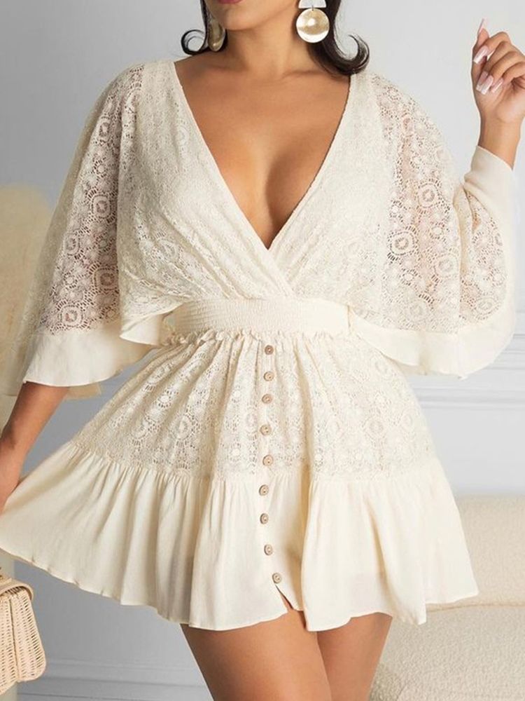Button Above Knee V-Neck A-Line Sweet Klänning