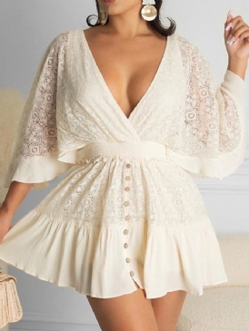 Button Above Knee V-Neck A-Line Sweet Klänning