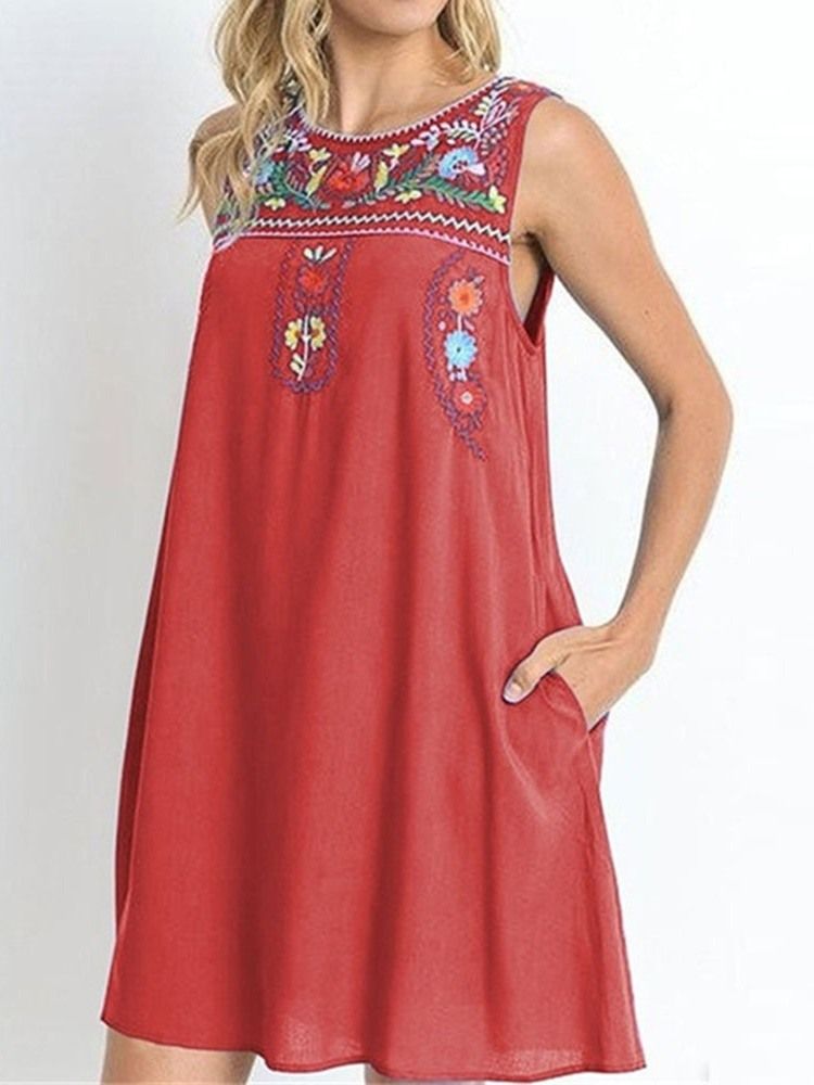 Casual Pocket Rund Neck Brodery Above Knee Ärmlös Klänning