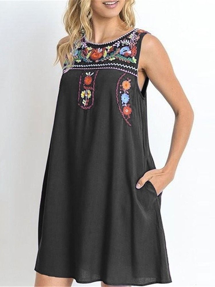 Casual Pocket Rund Neck Brodery Above Knee Ärmlös Klänning
