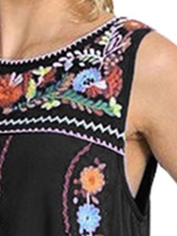 Casual Pocket Rund Neck Brodery Above Knee Ärmlös Klänning