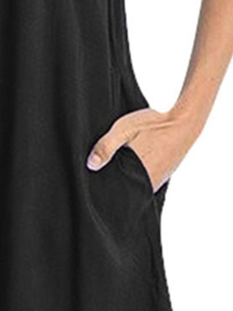 Casual Pocket Rund Neck Brodery Above Knee Ärmlös Klänning