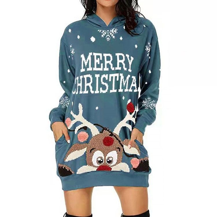 Christmas Hooded Long Sleeve Above Knee Western Pullover Klänning