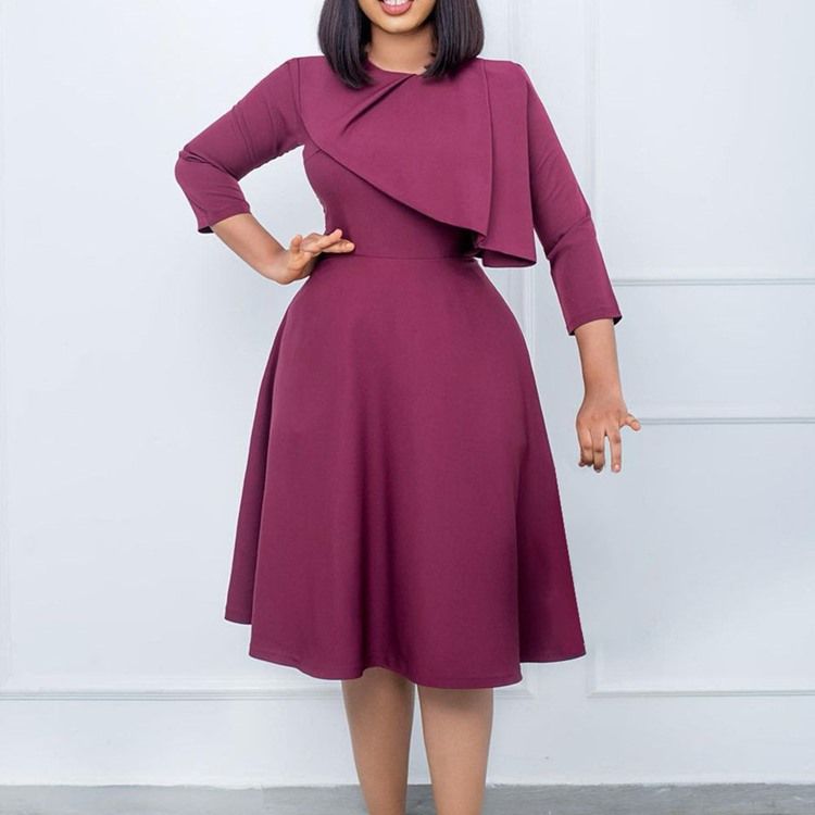 Falbala Mid-Calf Rund Neck Vanlig A-Line Casual Klänning