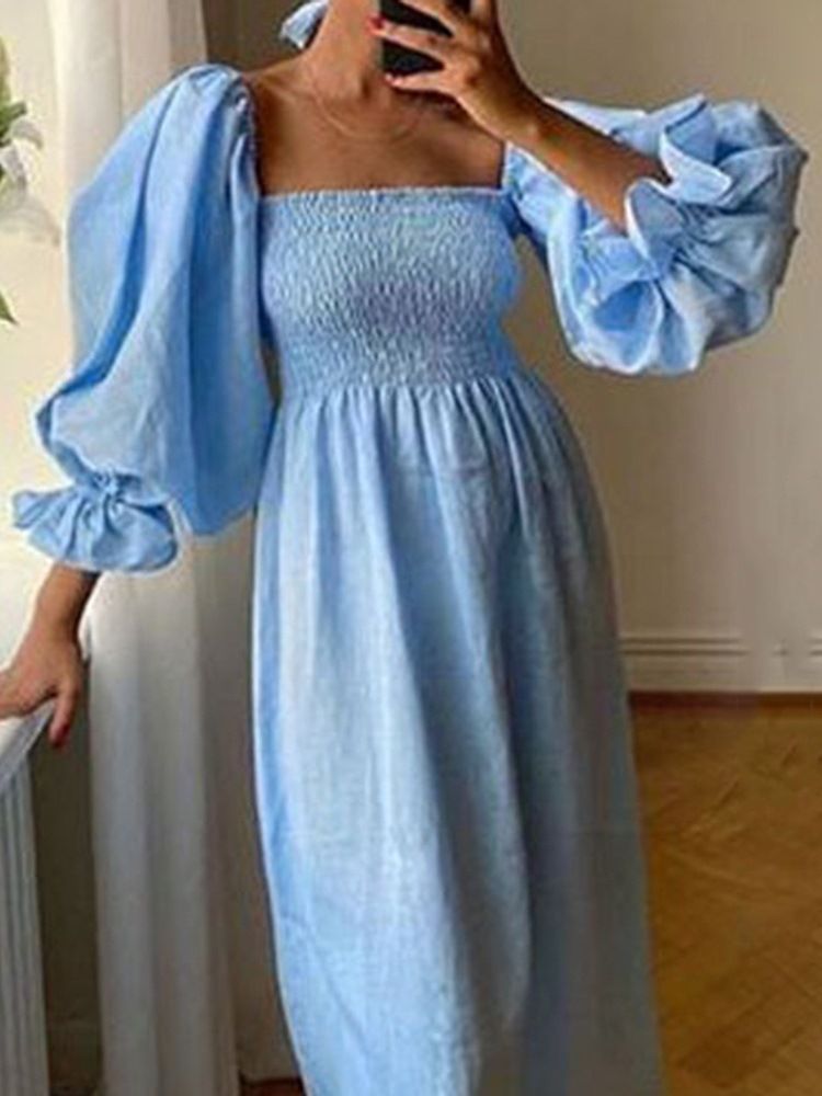 Fyrkantig Hals Mid-Kalv Nio Poäng Ärm Sweet Plain Maxi Klänning