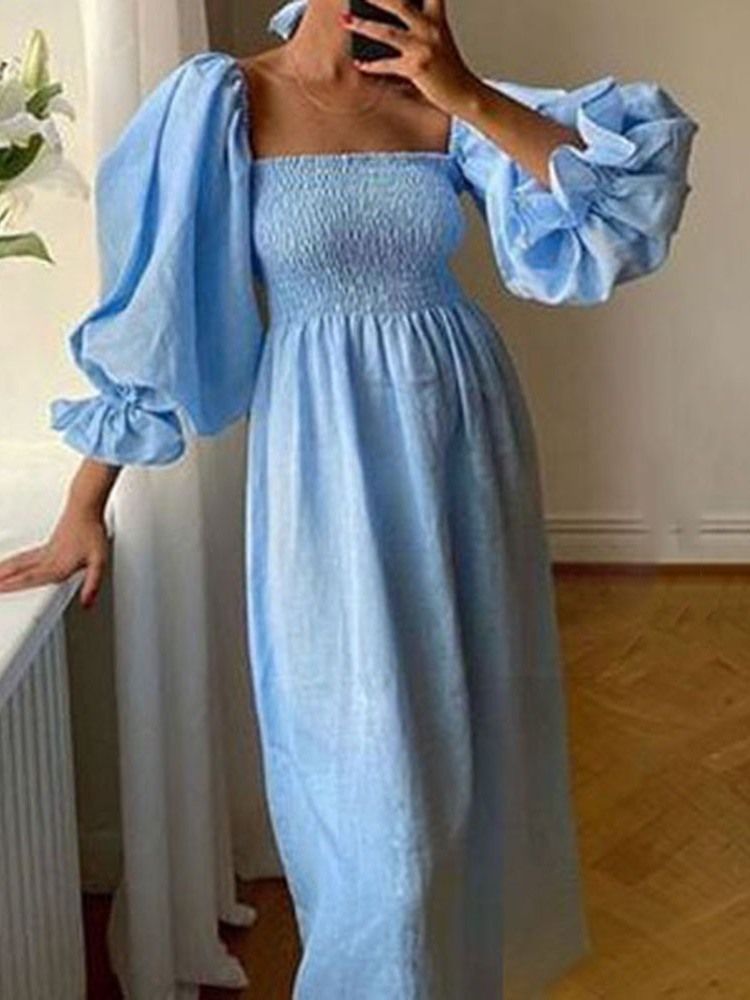 Fyrkantig Hals Mid-Kalv Nio Poäng Ärm Sweet Plain Maxi Klänning