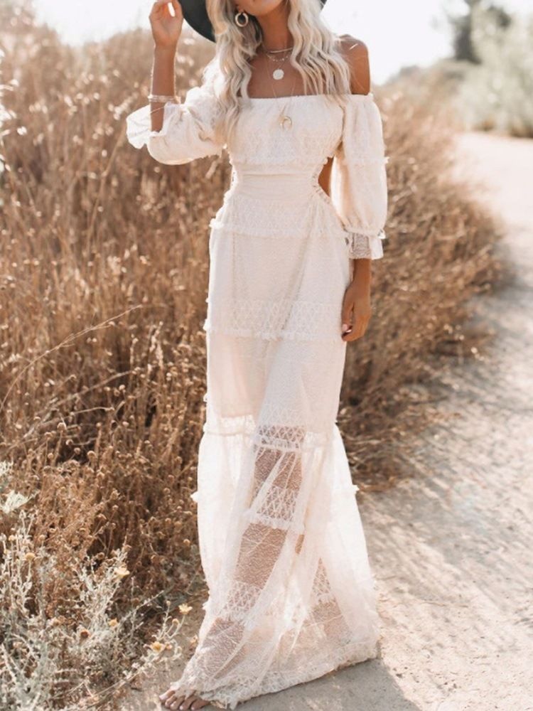 Golvlängd Off Shoulder Hollow Fall Enkel Damklänning Bröllopsgästklänning