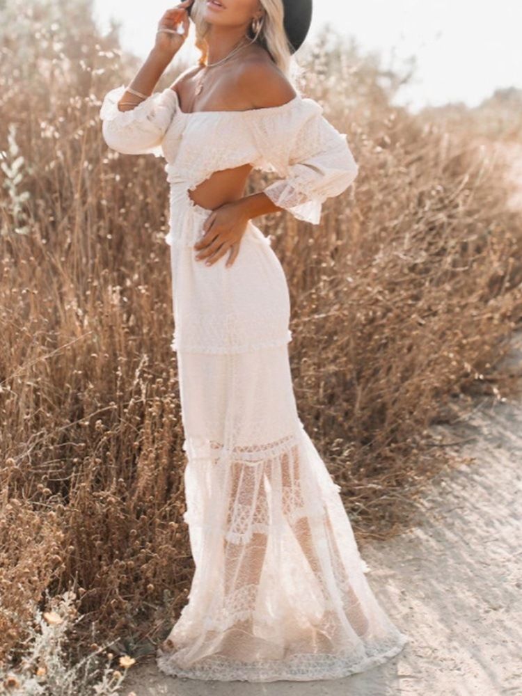 Golvlängd Off Shoulder Hollow Fall Enkel Damklänning Bröllopsgästklänning
