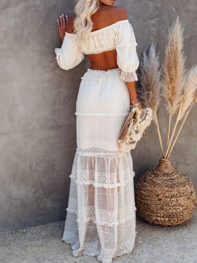 Golvlängd Off Shoulder Hollow Fall Enkel Damklänning Bröllopsgästklänning