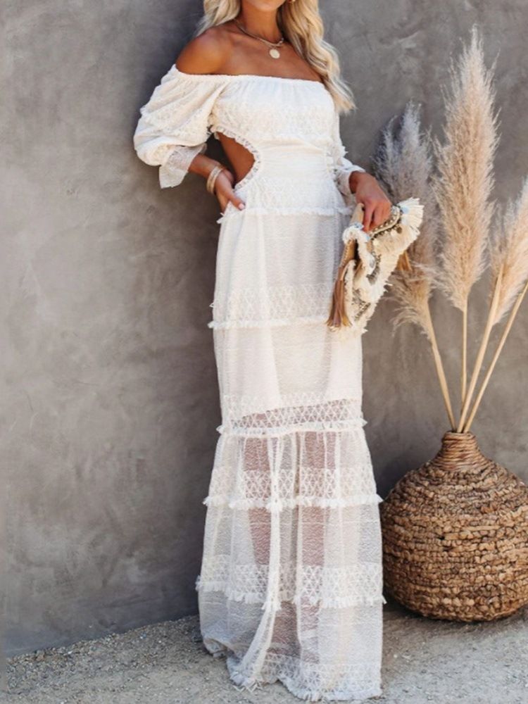 Golvlängd Off Shoulder Hollow Fall Enkel Damklänning Bröllopsgästklänning