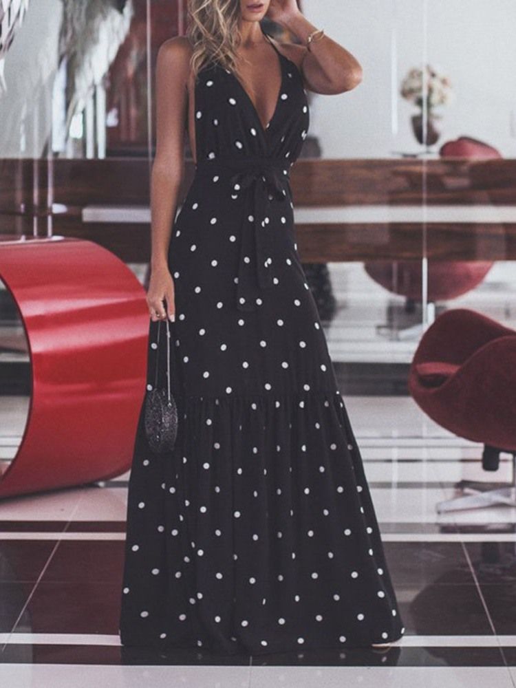 Golvlång Falbala Ärmlös Casual Polka Dots-Klänning