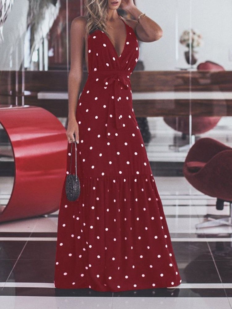 Golvlång Falbala Ärmlös Casual Polka Dots-Klänning