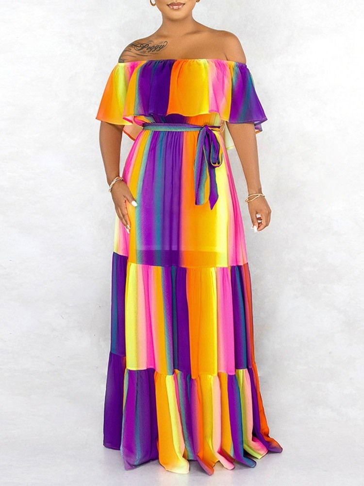 Golvlång Halvärm Off Shoulder Casual A-Line Damklänning