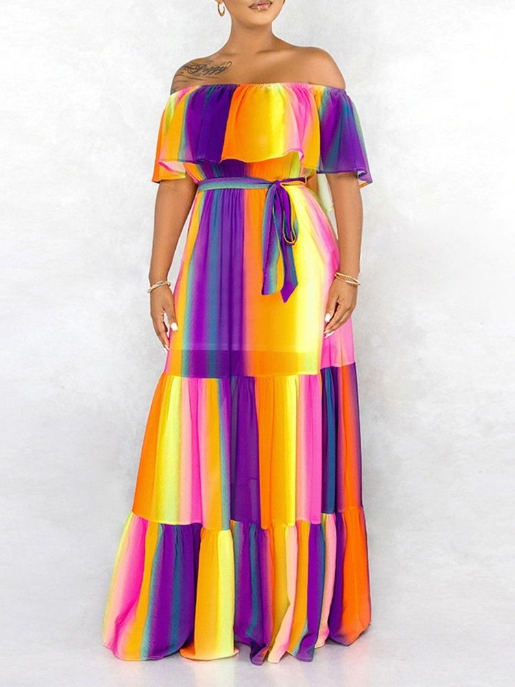 Golvlång Halvärm Off Shoulder Casual A-Line Damklänning