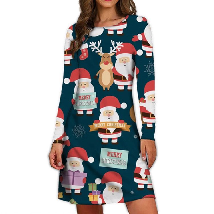Jultryck Långärmad Rundhalsad Pullover A-Linjeklänning