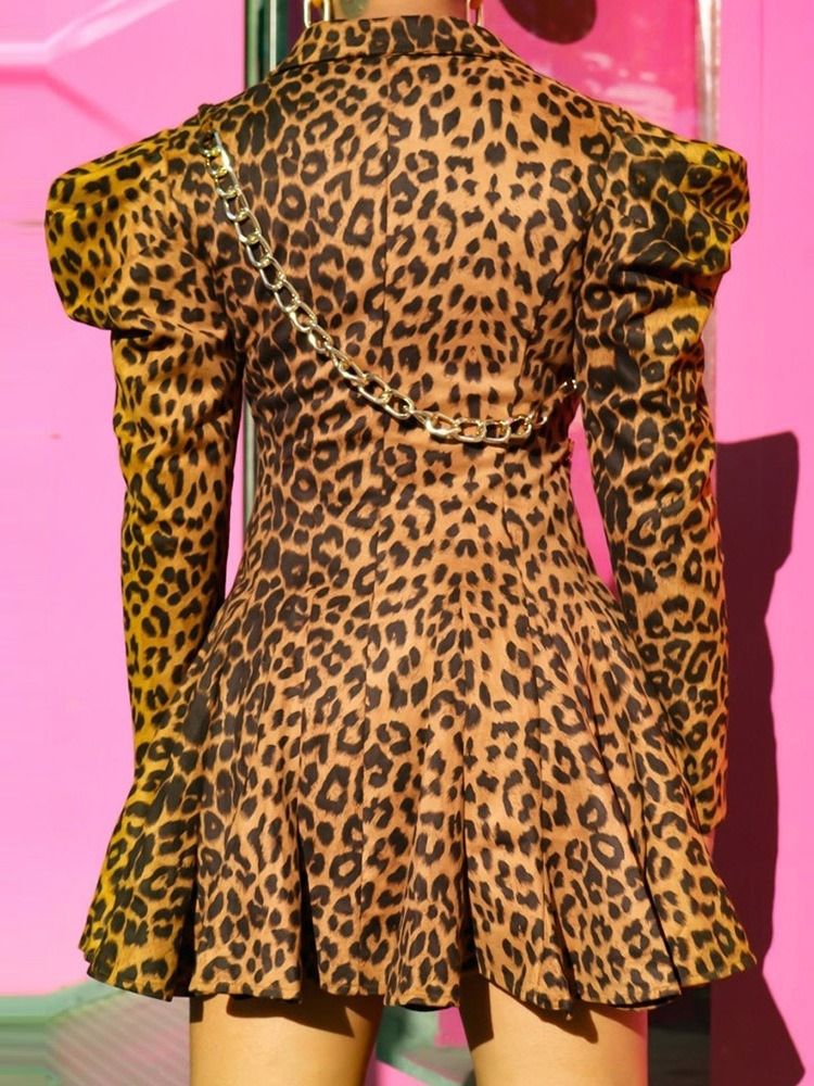 Knapp Långärmad Ovanför Knä Mode Leopardklänning För Kvinnor