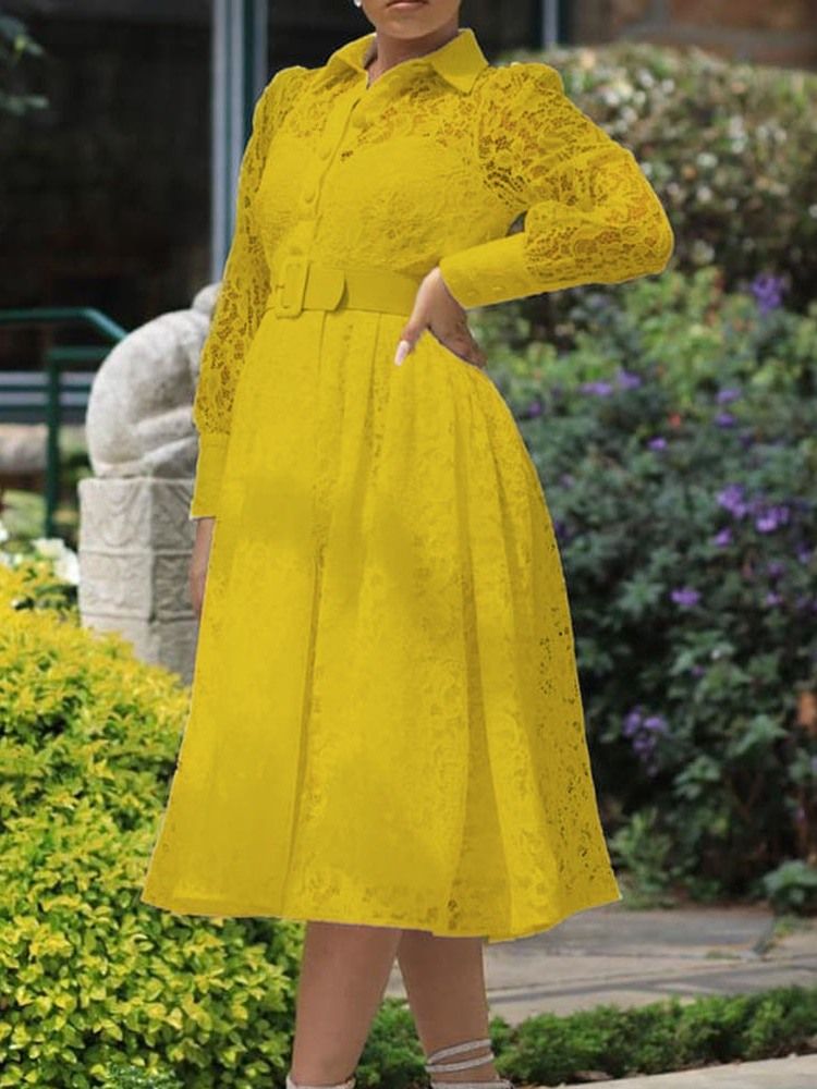Lace Lapel Mid-Calf A-Line High Waist Casual Klänning