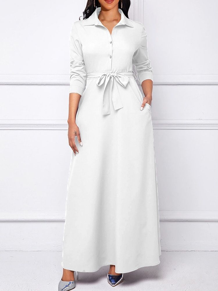 Lace-Up Lapel Golvlång A-Line Vanlig Klänning