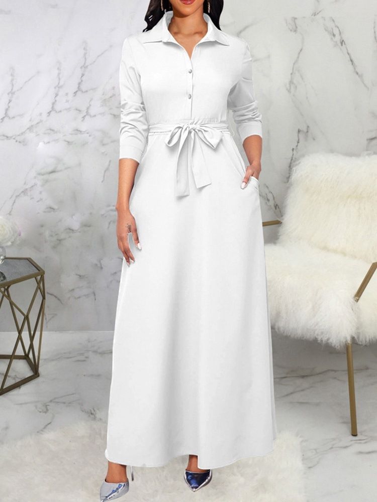 Lace-Up Lapel Golvlång A-Line Vanlig Klänning