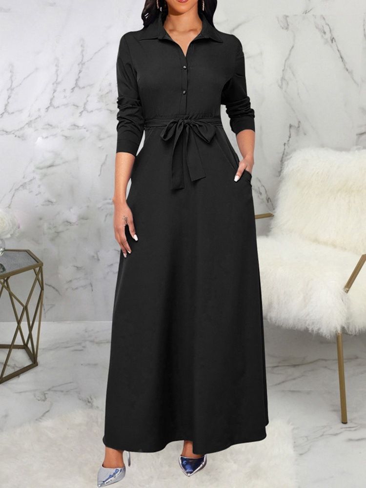 Lace-Up Lapel Golvlång A-Line Vanlig Klänning