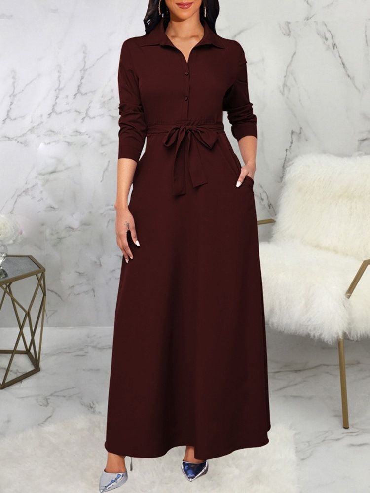 Lace-Up Lapel Golvlång A-Line Vanlig Klänning