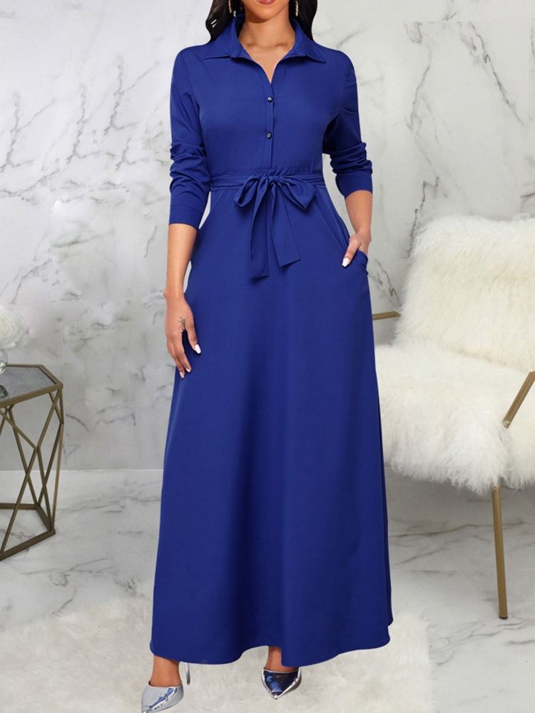 Lace-Up Lapel Golvlång A-Line Vanlig Klänning