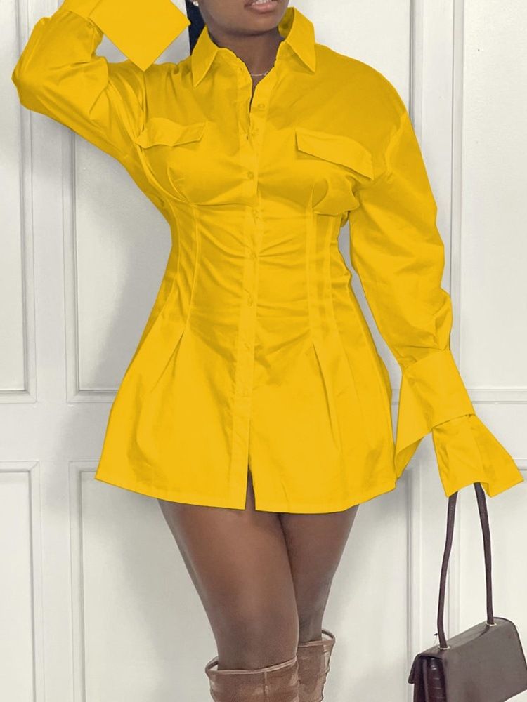 Lapel Above Knee Button A-Line Plain Klänning