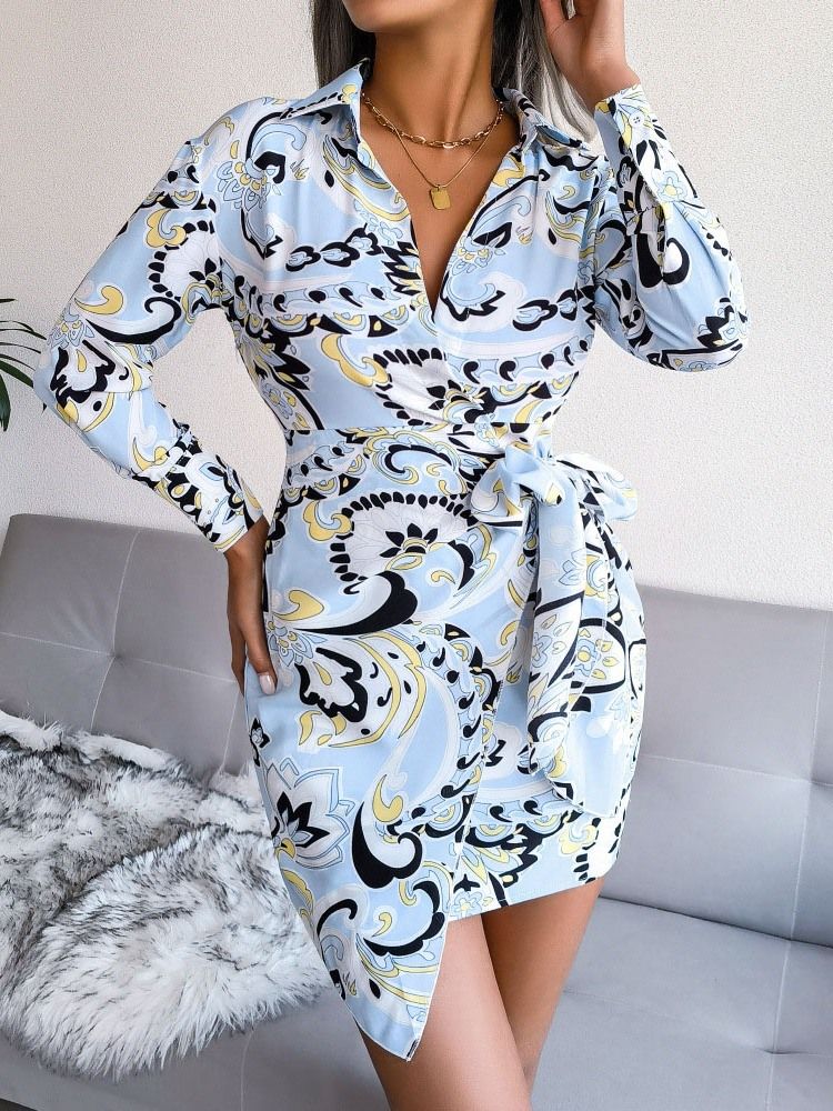 Lapel Above Knee Print Pullover A-Line Casual Klänning