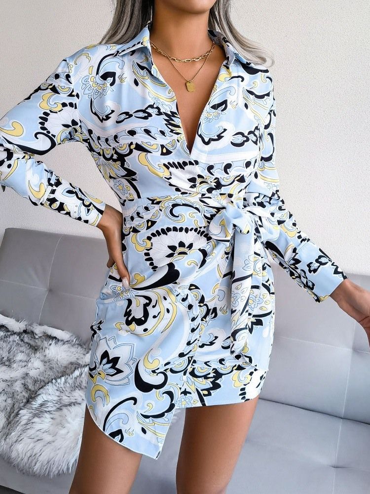 Lapel Above Knee Print Pullover A-Line Casual Klänning