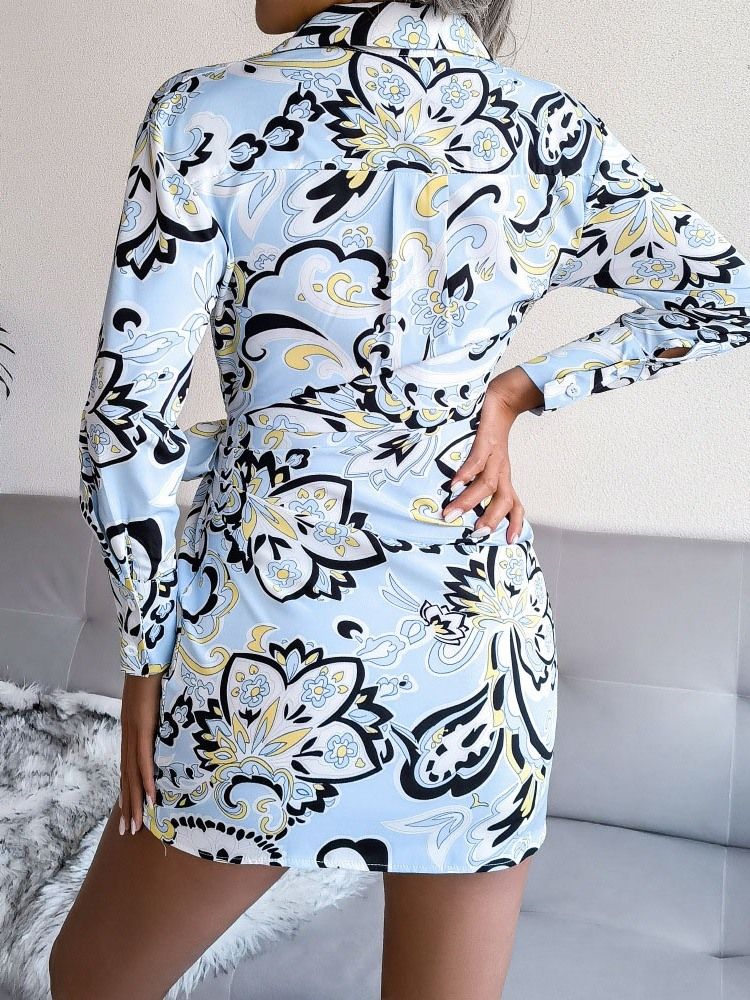 Lapel Above Knee Print Pullover A-Line Casual Klänning
