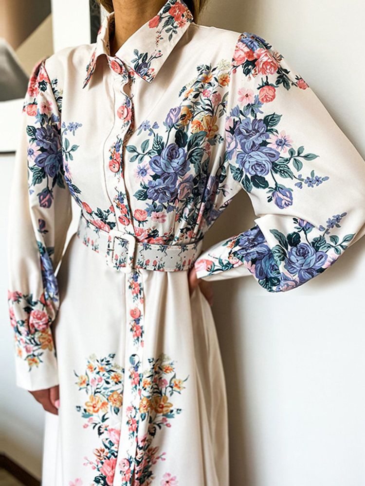 Lapel Print Långärmad Enkelknäppt Damklänning