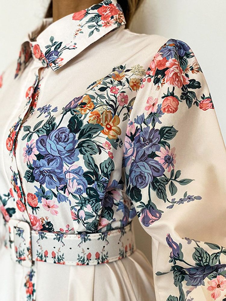 Lapel Print Långärmad Enkelknäppt Damklänning