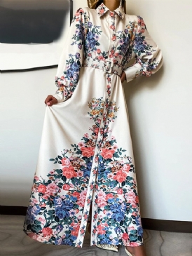Lapel Print Långärmad Enkelknäppt Damklänning