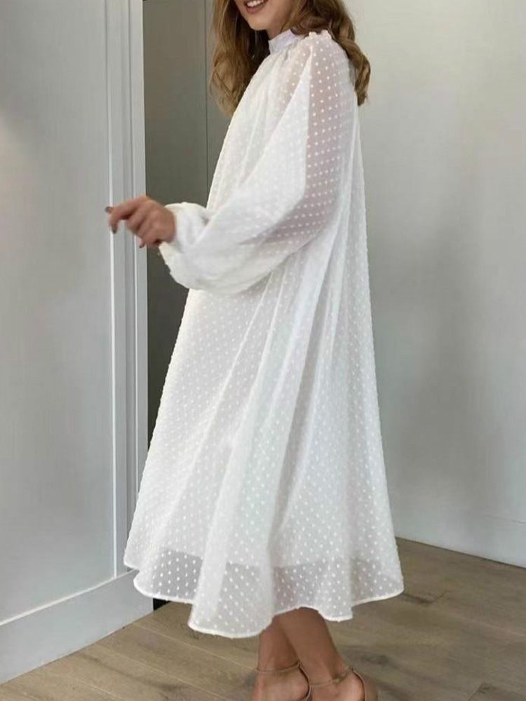 Mesh Stativ Krage Mid-Calf Fall Polka Klänning med prickar för kvinnor