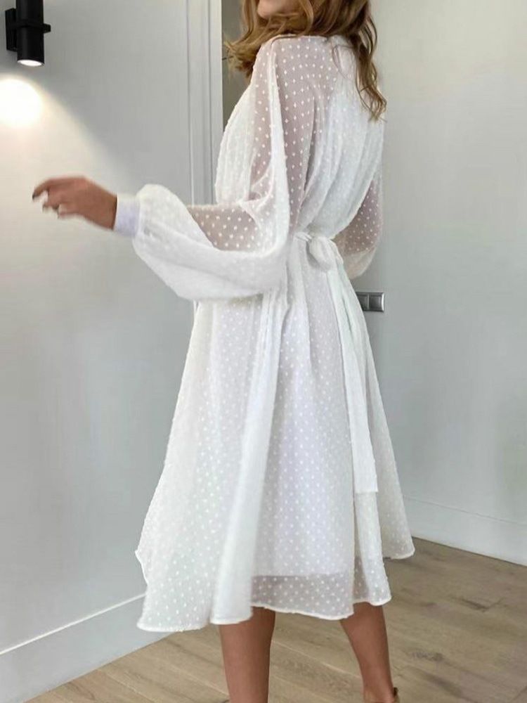 Mesh Stativ Krage Mid-Calf Fall Polka Klänning med prickar för kvinnor