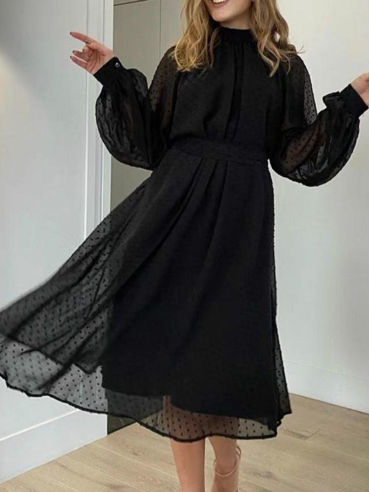 Mesh Stativ Krage Mid-Calf Fall Polka Klänning med prickar för kvinnor