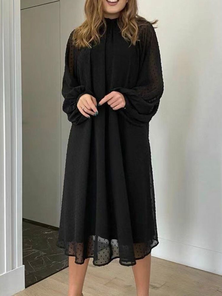 Mesh Stativ Krage Mid-Calf Fall Polka Klänning med prickar för kvinnor