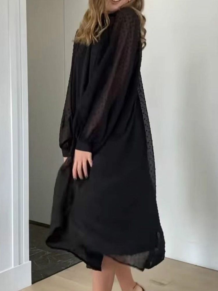 Mesh Stativ Krage Mid-Calf Fall Polka Klänning med prickar för kvinnor