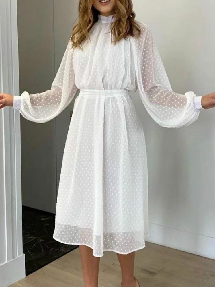 Mesh Stativ Krage Mid-Calf Fall Polka Klänning med prickar för kvinnor