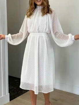 Mesh Stativ Krage Mid-Calf Fall Polka Klänning med prickar för kvinnor
