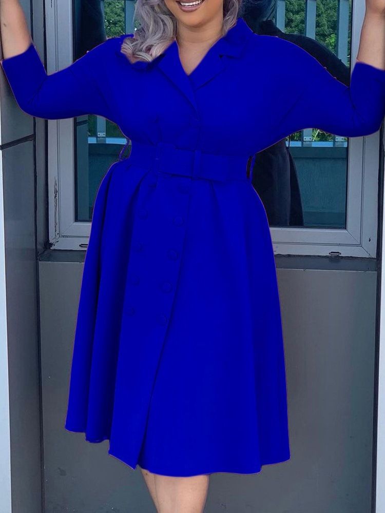 Mid-Calf Lapel Tre Fjärdedels Ärm Office Lady A-Line Klänning